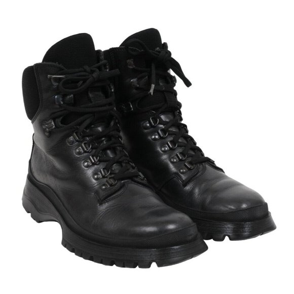 Prada Mens Combat Boots Size US 9.5 UK 8.5 Black Leather Lace Up Hook Eye Hiking - Picture 1 of 11